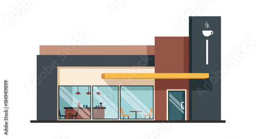 Contemporary coffee shop illustration with modern facade and inviting interior design