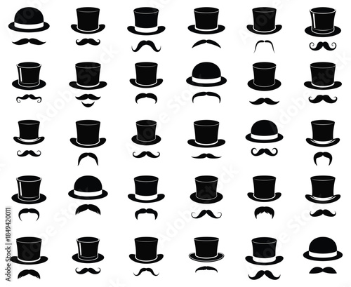 Collection of hat and mustaches vector design. Gentleman hats and mustaches silhouettes collection