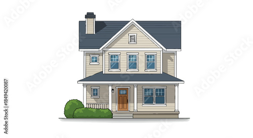 Detailed cartoon style suburban house with classic facade and welcoming front entrance