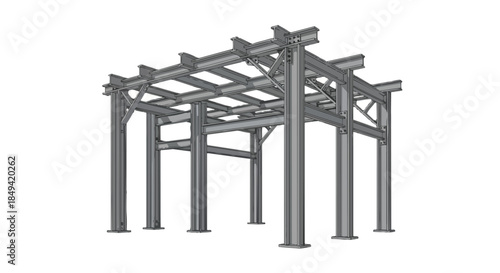Detailed 3D render of an industrial steel frame structure, showcasing robust engineering and architectural groundwork for a modular building