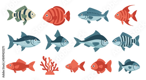 Diverse aquatic creatures in flat design collection showcasing various ocean inhabitants and underwater species