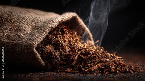 Rustic Tobacco Spill - Close-Up of Dried Leaves, Smoke, and Burlap Sack.