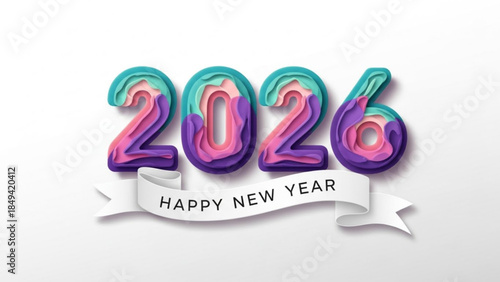 2026 Happy New Year Colorful 3D Typography with Ribbon