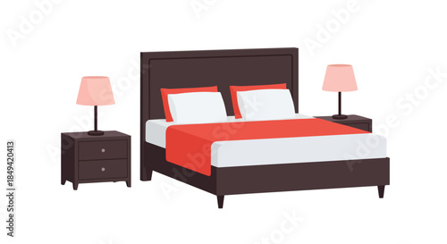 A minimalist bedroom scene features a dark bed frame with bold red and white linens, perfectly complemented by two matching nightstands and elegant