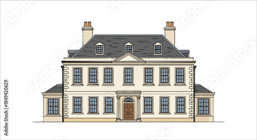 Elegant classical residential building illustration with symmetrical facade and traditional design