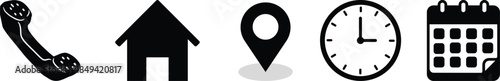 Interface icon set. Phone receiver, home, location pin, clock and calendar elements form a clean contact vector illustration. Navigation and scheduling symbol. Call and visit planning sign.