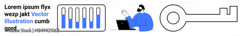 Graph bars, man with laptop raising hand, oversized key. Ideal for analytics, data science, technology, problem-solving, teamwork, innovation simple landing page
