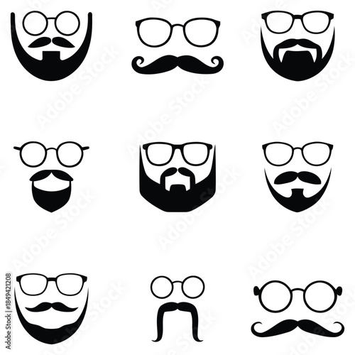 Black silhouette icons set of beards, mustaches, and glasses. set of funny cartoon mustache