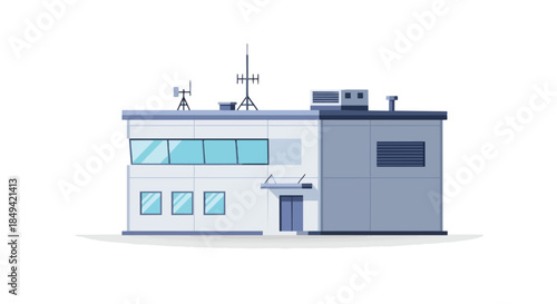 Modern building illustration showcasing advanced communication antennas and climate control units atop a contemporary structure rendered with clean