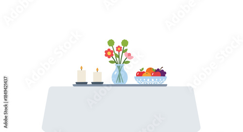 Minimalist flat design illustration of a vibrant table centerpiece with burning candles blooming flowers and fresh fruit arrangement