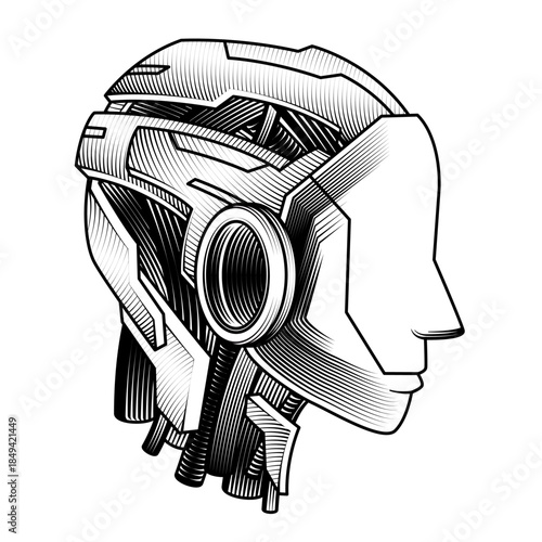 hand drawn vintage engraving style vector illustration of humanoid robot head profile view artificial intelligence mind cybernetic brain black and white sketch