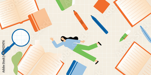 A woman amidst open books pens magnifying glass and writing elements