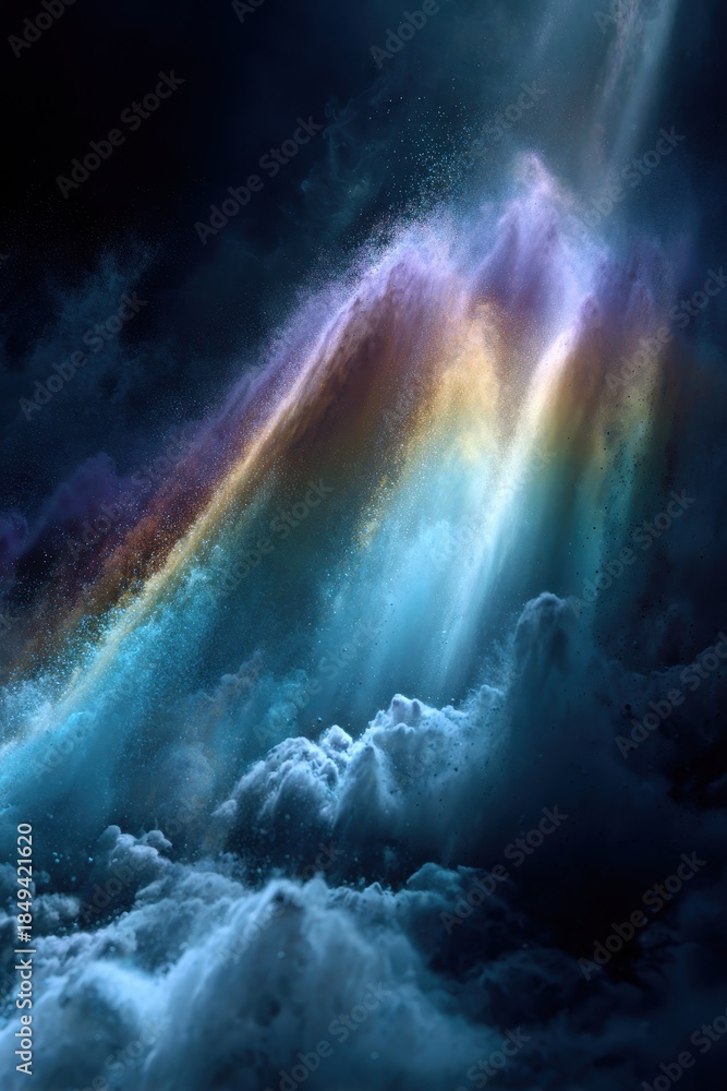 Fototapeta premium Ethereal Rainbow Light Rays Piercing Dark, Volumetric Storm Clouds with Divine Glow.