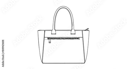 Precise linear blueprint of a contemporary carry-all tote bag featuring a prominent zippered front pocket and sturdy top handles for versatile