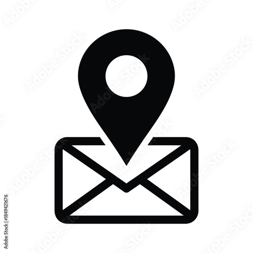 A black icon of a location pin on top of an envelope, symbolizing a marked location for delivery or a pinpointed address