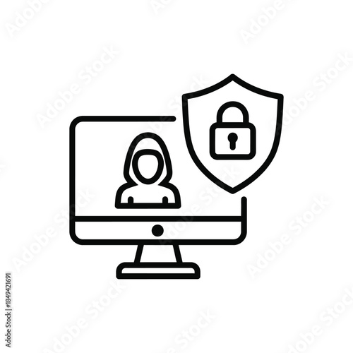A computer monitor with a persons profile and a shield with a lock on it, symbolizing online security and protection