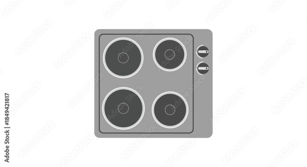 Fototapeta premium Modern kitchen appliance illustration featuring a sleek gray electric cooktop with four circular heating elements and two control knobs providing