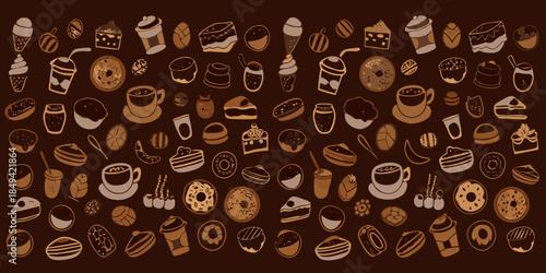 A delightful collection of hand drawn coffee desserts and sweet treats
