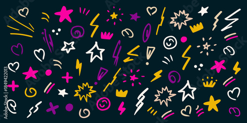 Colorful hand drawn doodle pattern with stars hearts and lightning bolts