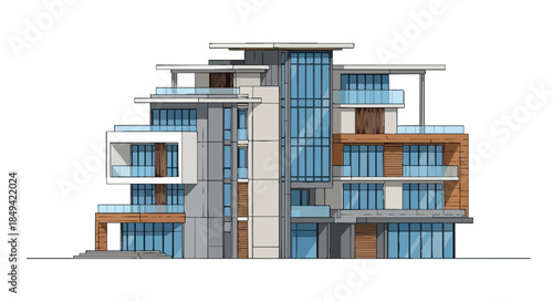 Modern luxury residential apartment building architectural concept sketch showcasing sophisticated design with expansive glass elements and multiple