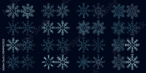 Collection of detailed blue pixel art snowflakes against a dark background