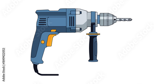 Clean vector illustration of a modern electric power drill with a bit, perfect for construction and DIY projects