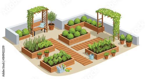 Charming isometric urban rooftop garden with raised beds, lush plants, and a tranquil arbor.