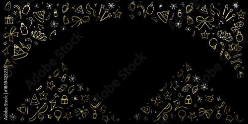 Elegant golden holiday doodles forming an archway on a black background