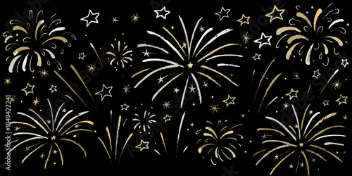 Golden fireworks display with sparkling stars against a dark black background