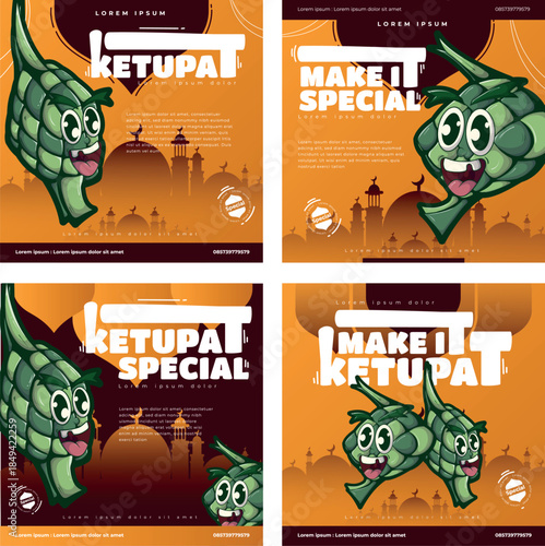 Eid Al-Fitr Social Media Post Template with Ketupat Mascot