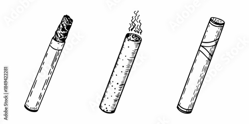 Three stages of a cigarette unlit lit and extinguished