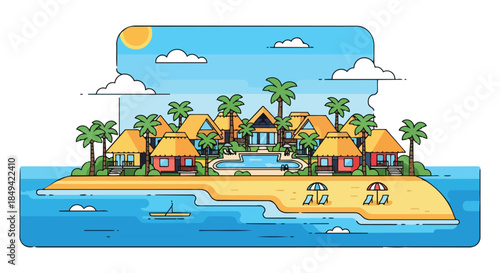 Vibrant tropical island getaway with luxury bungalows, sparkling pool, and serene ocean views