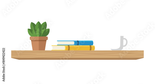 A crisp, flat illustration of a sturdy wooden shelf, neatly adorned with a verdant potted plant, a pair of brightly colored books, and a solitary