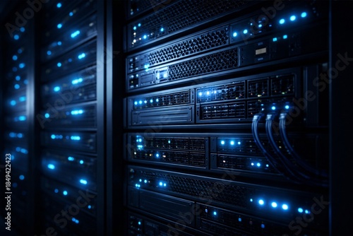 Blockchain Server Rack with Network Cables