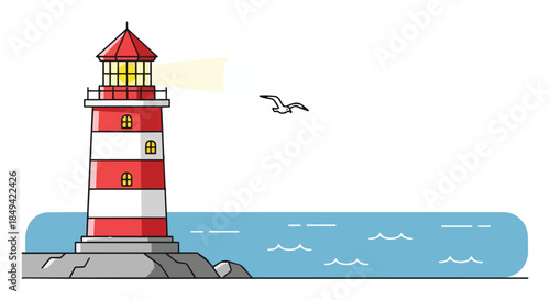 Coastal beacon illustration featuring a striped lighthouse on a rocky point, its beam illuminating the gentle blue sea as a seagull gracefully flies