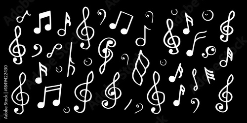 A collection of white musical notes and symbols on a black background