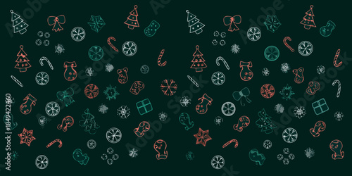A festive dark teal background adorned with charming christmas icons and patterns