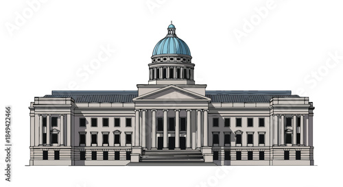 Detailed architectural illustration of a grand classical building with a majestic blue domed roof and stately columns