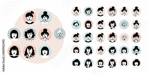 Diverse collection of illustrated faces in circular frames showing various hairstyles