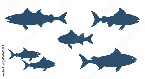 Dynamic Marine Life Silhouettes A Collection of Stylized Predatory Fish Forms in Deep Ocean Hues