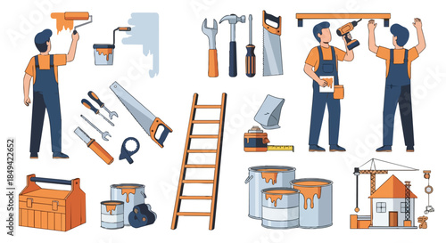 Dynamic vector illustration showcasing diverse construction and home renovation tools with active workers.