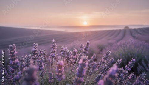 Tranquil Lavender Blooms Under a Purple Sunset: A Serene Landscape Where Nature Meets the Horizon and the Sky Dances with Color
