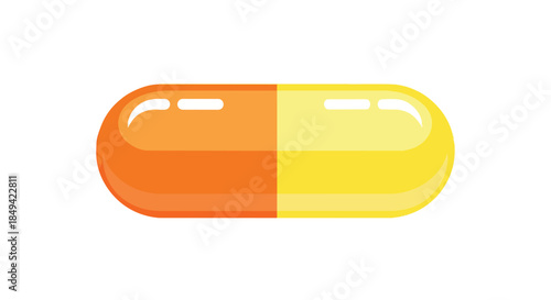 Brightly colored orange and yellow medical capsule illustration symbolizing health wellness medication treatment remedy dosage therapy vital