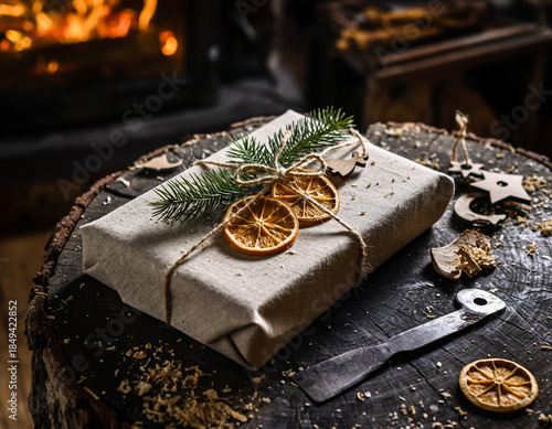 Rustic Handmade Christmas Gift with Natural Decorations in Cozy Cabin