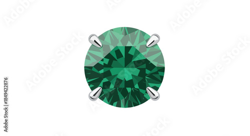 Vibrant green brilliant cut gemstone held by elegant silver prongs on white background