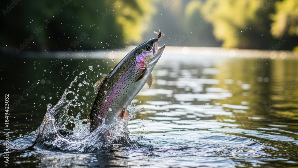 Fototapeta premium A trout leaps from water, catching a fly, sunlight dappling the river
