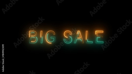 Glowing neon BIG SALE text on a sleek black background, Perfect for promotional ads, social media, and digital campaigns. Grab attention and boost sales with vibrant, eye-catching visuals.