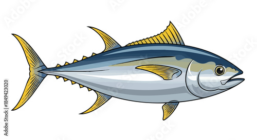 Stylized depiction of a powerful tuna fish with striking yellow fins against a pure white background