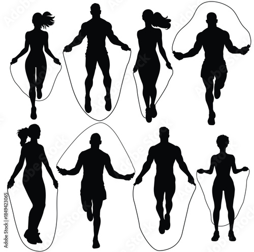 Set silhouettes of young couple practices skipping rope