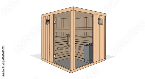 Modern wooden sauna cabin isometric illustration for home wellness and relaxation